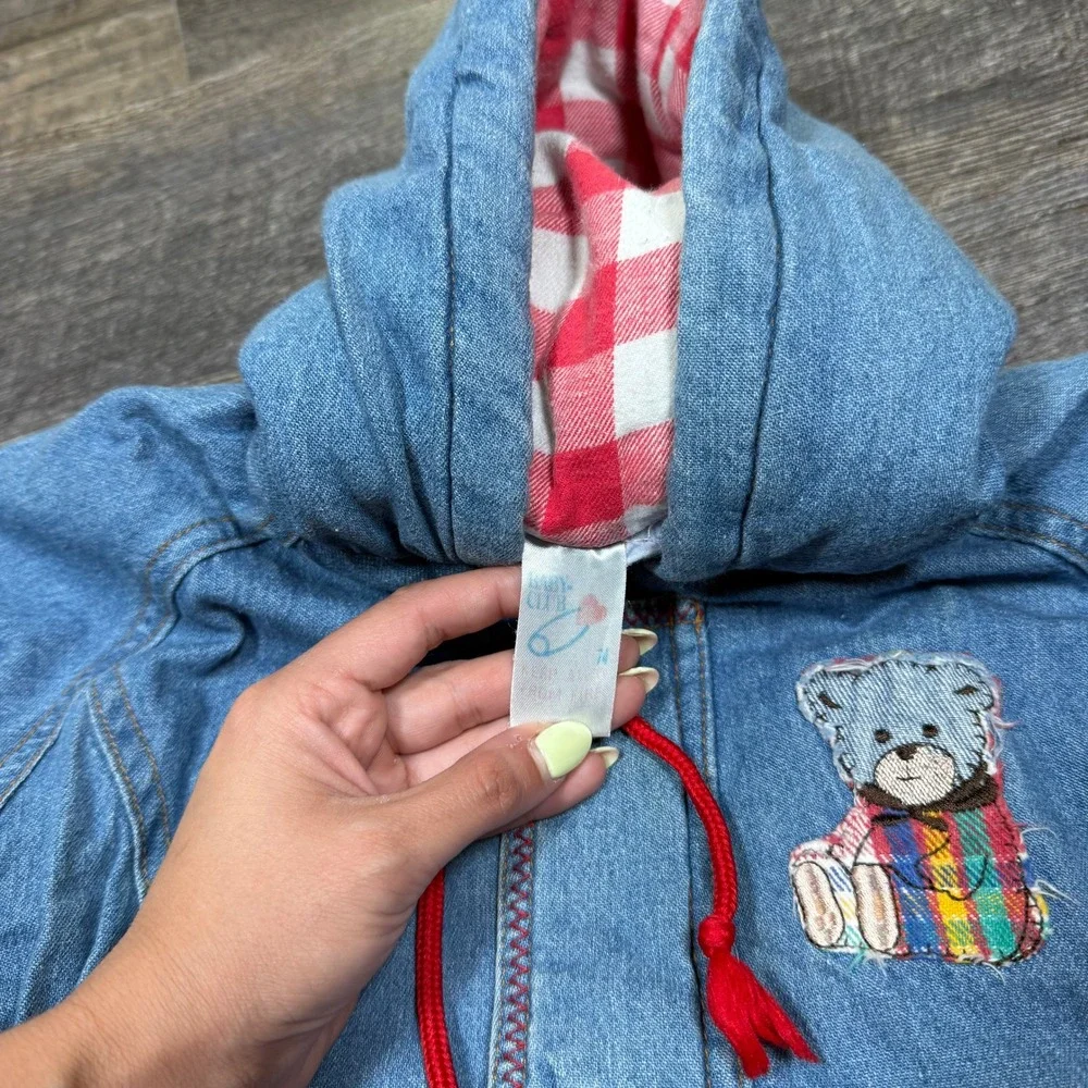 Vintage Baby Club Denim Hooded Snowsuit Blue Teddy‎ Bear Plaid Lined Kids